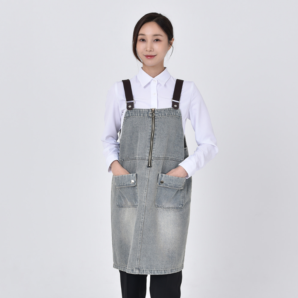 연청 데님 지퍼 원피스 멜빵 앞치마