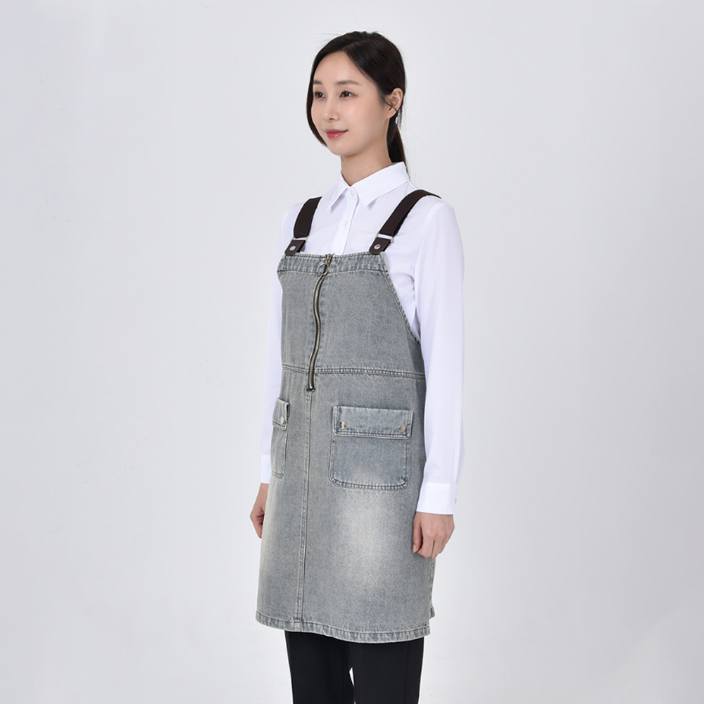 연청 데님 지퍼 원피스 멜빵 앞치마