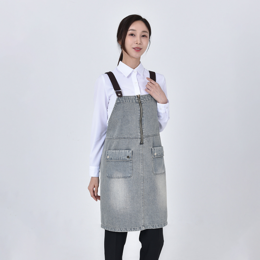 연청 데님 지퍼 원피스 멜빵 앞치마
